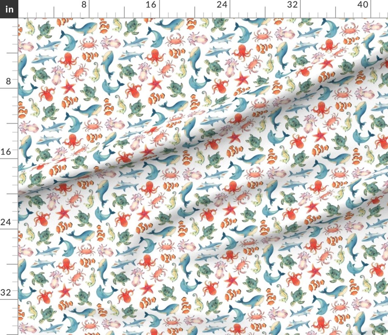 Sea Animal Animals Ocean Creatures Dolphin Whale Clown Fish Turtle Whales Octopus Watercolor Custom Printed Fabric by Spoonflower Various Fabrics by the Yard or Fat Quarter